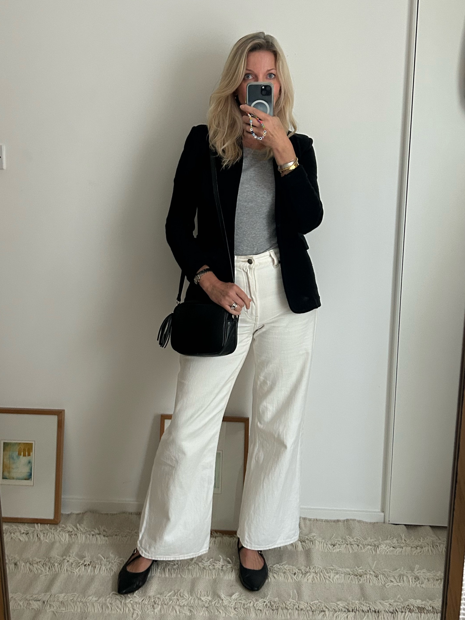 Late summer outfit, transition style, white jeans outfit inspiration, Whistles Soft cotton jersey jacket, lee jeans White wide leg jeans, grey, Next grey vest top, tank top, Flattered, black leather ballet pumps 

#LTKSeasonal #LTKstyletip #LTKeurope