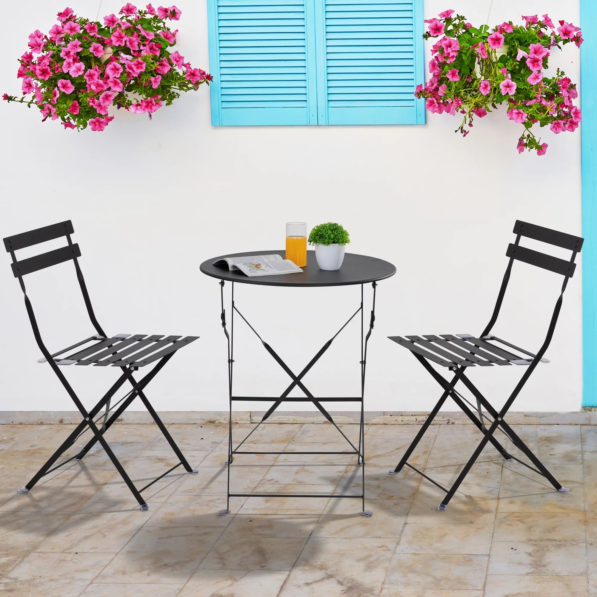 Walsunny 3 Pieces Black Bistro Sets with 2 Folding Metal Chairs and Table | Walmart (US)