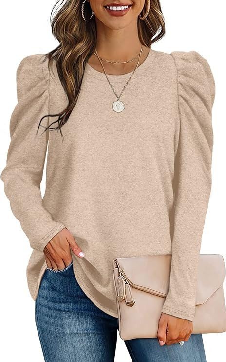 Womens Tunic Tops Puff Sleeve Crew Neck Long Sleeve Shirts Solid Color | Amazon (US)