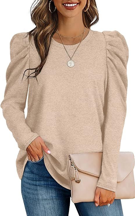 Womens Tunic Tops Puff Sleeve Crew Neck Long Sleeve Shirts Solid Color | Amazon (US)