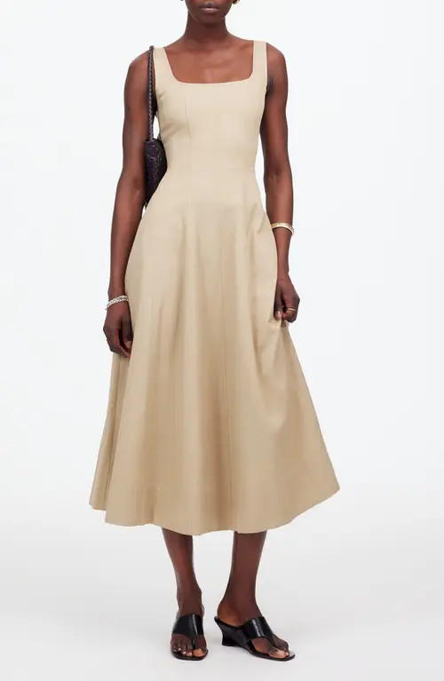 Madewell Seamed Square Neck Sleeveless Midi Dress in Heritage Khaki at Nordstrom, Size 0 | Nordstrom