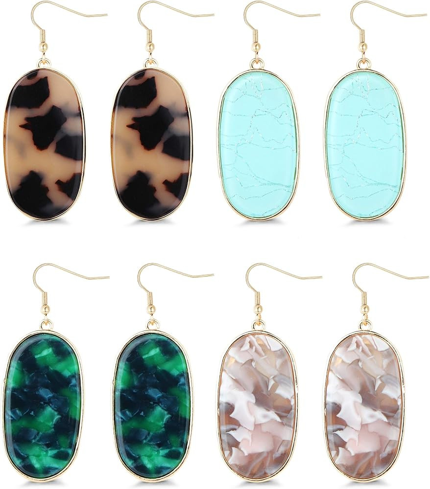 4Pairs Oval Acrylic Dangle Earrings For Women Lightweight Leopard Blue Green Shell Beige Mottled ... | Amazon (US)