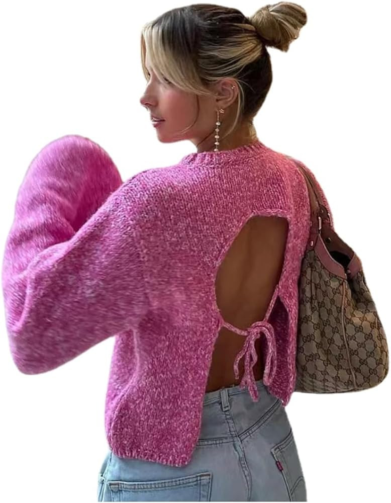 Solid Knit O-Neck Back Cut Out Women Sweaters Sexy Open Back Pullover Sweater Chunky Cable Knit T... | Amazon (US)
