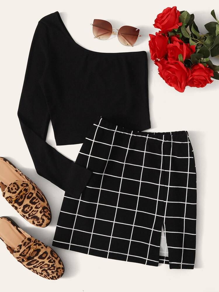 One-Shoulder Crop Top & Grid Mini Skirt Set | SHEIN