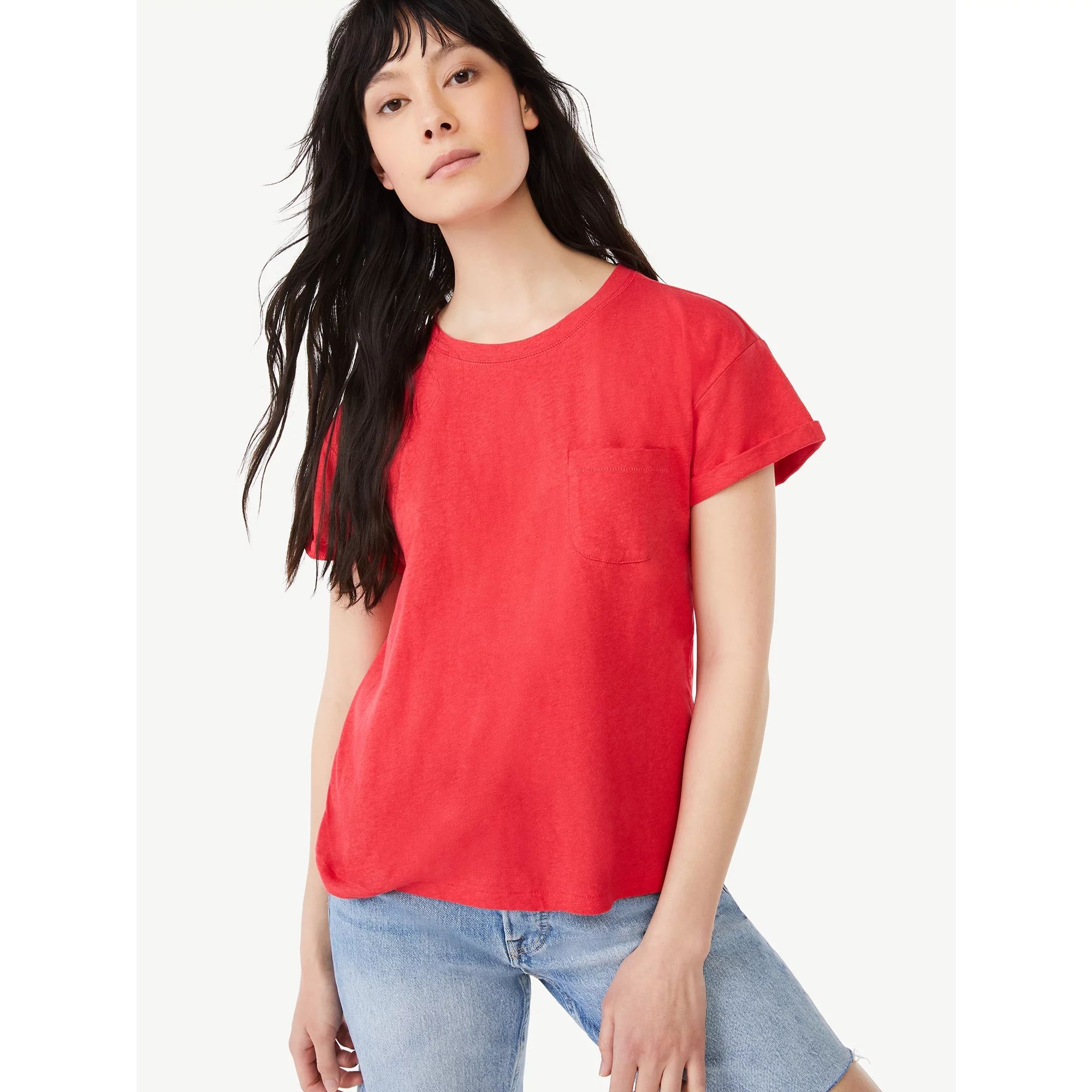 Free Assembly Women's Cuffed Pocket T-Shirt with Short Sleeves | Walmart (US)