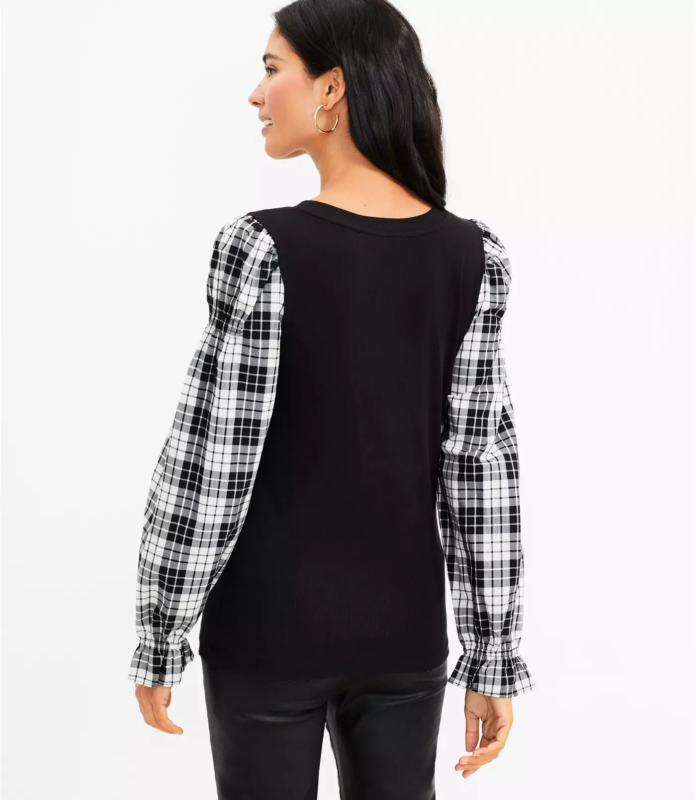 Plaid Lace Trim Mixed Media Blouse | LOFT