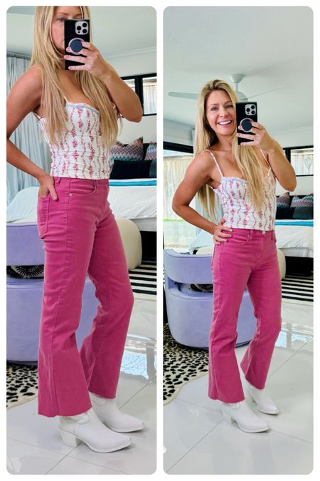 Pink jeans 25, white cowboy boots TTS, spring top I should have sized up to medium 

#LTKstyletip #LTKshoecrush