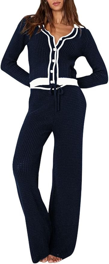 Viottiset Women's 2 Piece Outfits Sweatsuit Set Long Sleeve Button Sweatshirt Wide Leg Sweatpants... | Amazon (US)