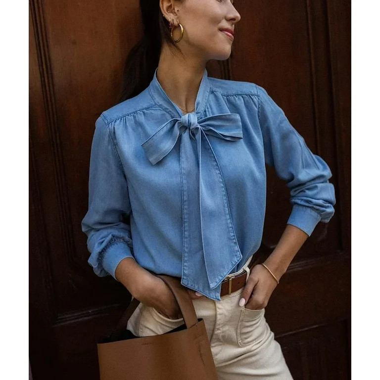 JLMMEN Women's Spring Bow Tie Neck Button Down Denim Shirts Business Casual Tops Office Blouses | Walmart (US)