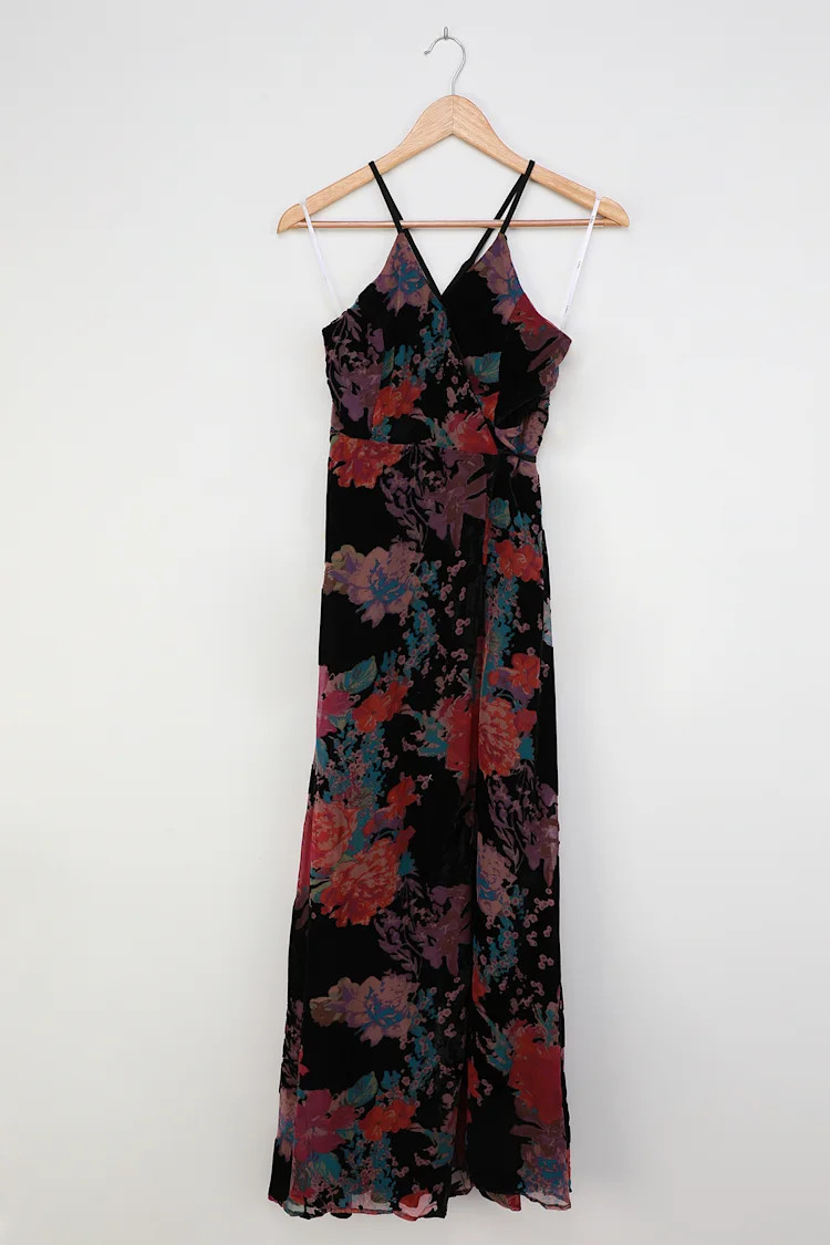 Mood for Romance Black Floral Print Velvet Wrap Maxi Dress | Lulus (US)