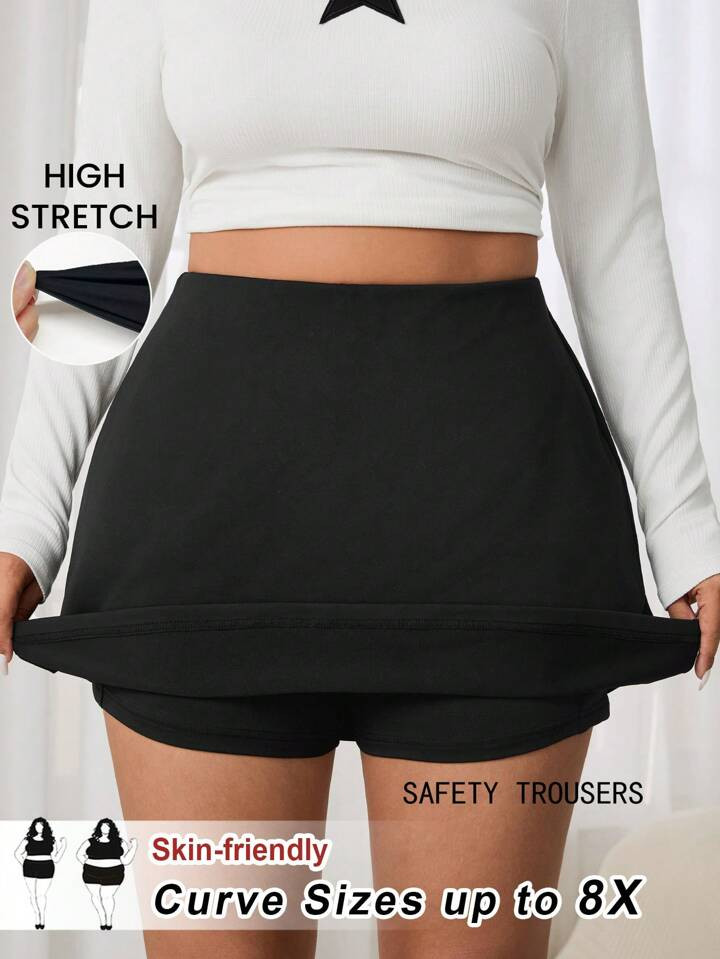 SHEIN CURVE+ Plus Size Women Black Casual Mini Skirt With Pockets | SHEIN