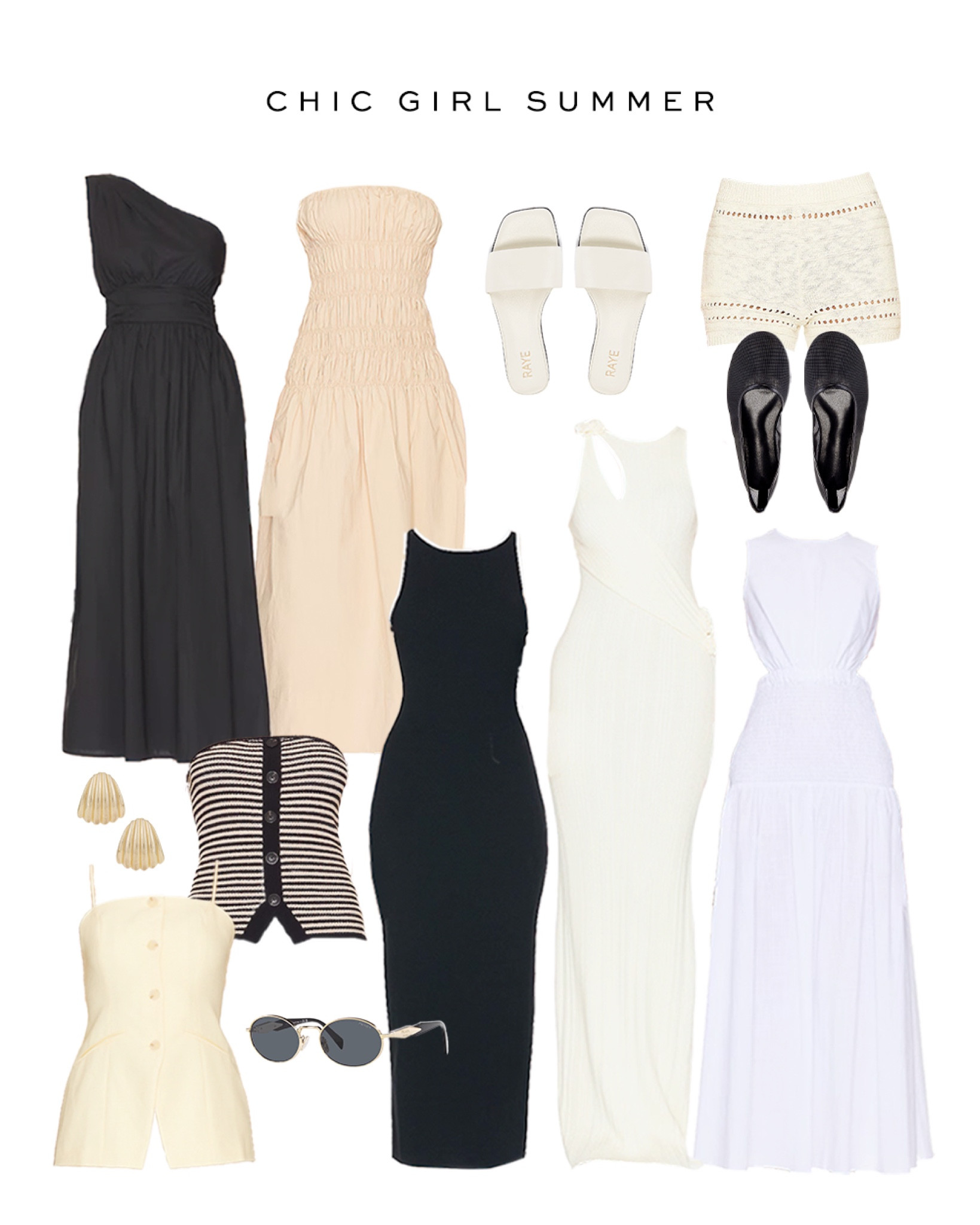 Chic Girl Summer | white cut out maxi dress, taupe smocked dropwaist dress, one shoulder black midi dress, crochet cream shorts, cream slides 

#LTKStyleTip