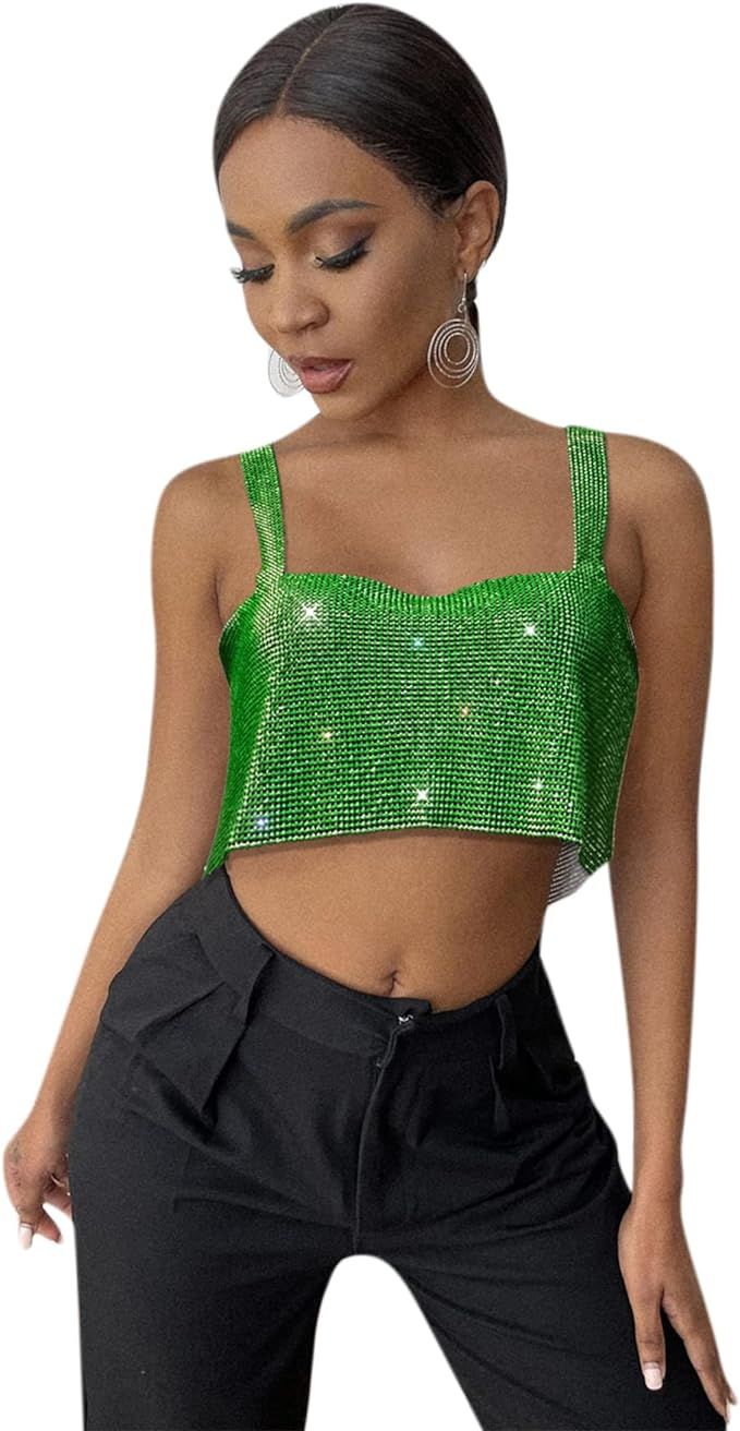 Women Sexy Sparkly Crystal Rhinestone Rave Crop Top Sleeveless Vest Shirt Body Chain for Clubwear... | Amazon (US)