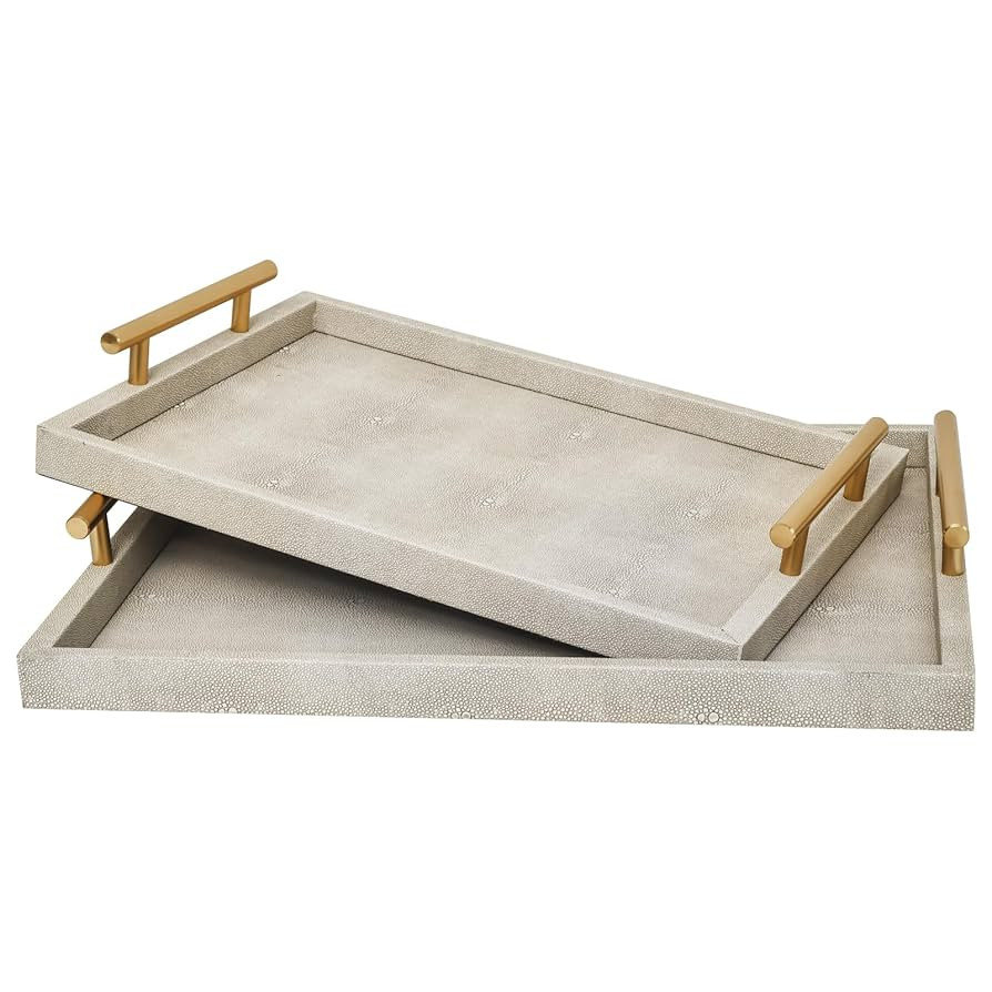 Modern Decorative Tray Set of 2 Ivory Shagreen Leather and Wood Serving Tray with Gold Polished M... | Amazon (US)