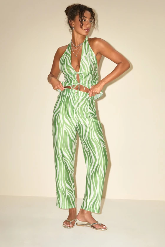 Meris Green and Ivory Zebra Print Mid-Rise Trouser Pants | Lulus