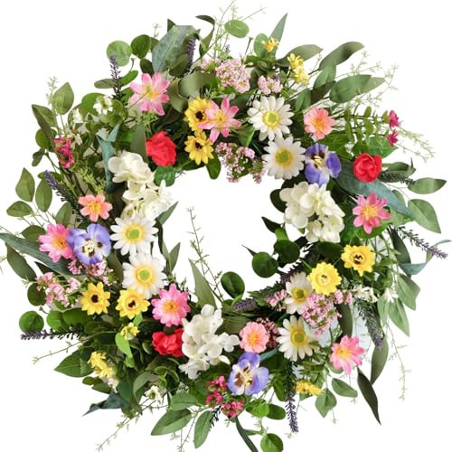 vivimemo Spring Wreath 24 inch Artificial Green Leaf Flower Wreaths Outdoor Wedding Parties Holiday Wreath Garden Front Door Wreaths Decoration | Amazon (US)