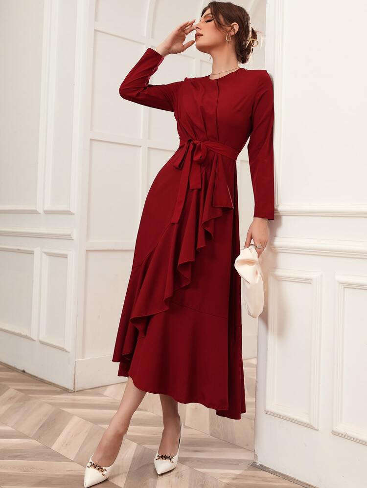 Ruffle Trim Belted Wrap Dress | SHEIN