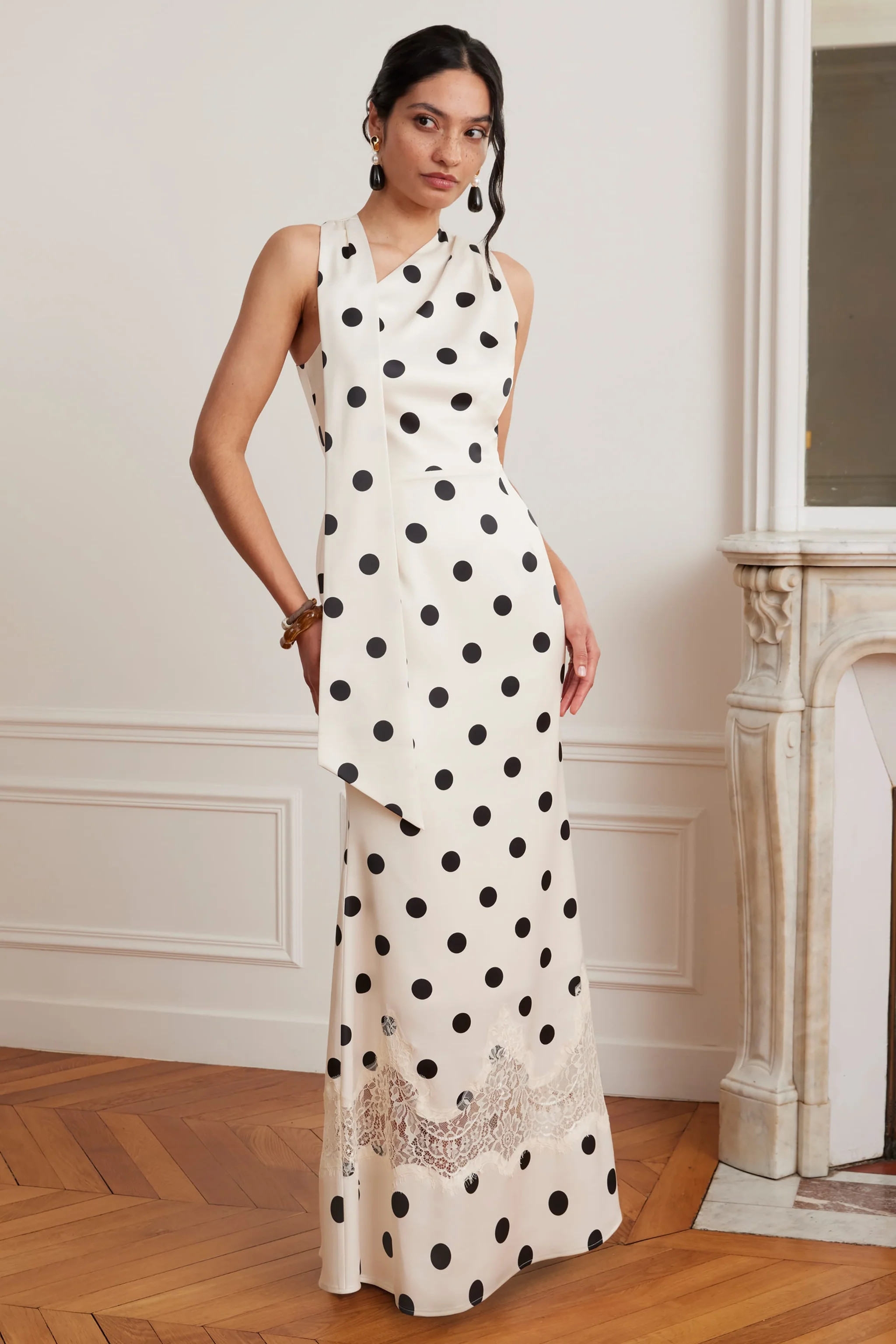 JULIANA Satin Scarf Neck Maxi Dress With Lace Insert In Polka Dot Print | Lavish Alice Retail Ltd