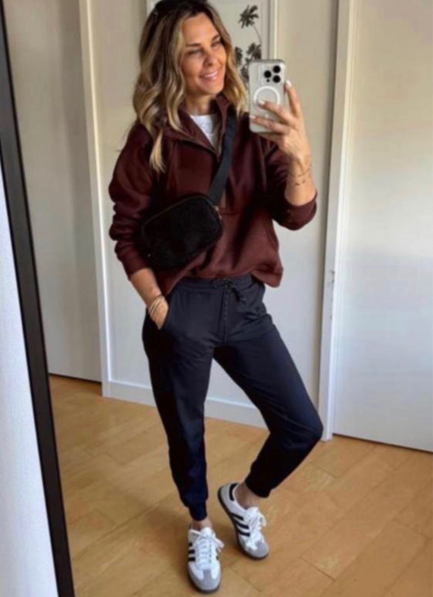 -Amazon zip hoodie. Zipper same color as fabric. 
-Zella joggers sz S
-Adidas sneakers. 
-Amazon Sherpa crossbody with gold zipper

#LTKtravel #LTKstyletip #LTKover40