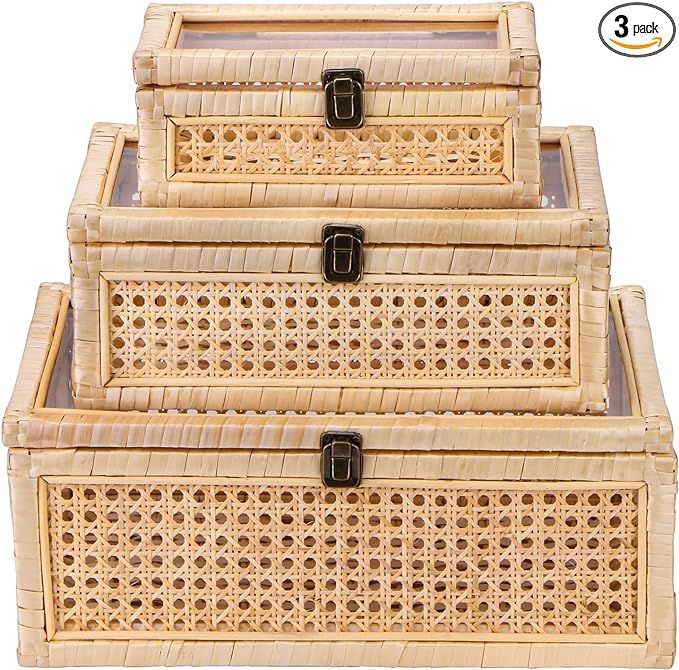 LEIFEOSH Set of 3 Rattan Boxes with Lids Rectangular Rattan Decorative Boxes Woven Cane and Ratta... | Amazon (US)