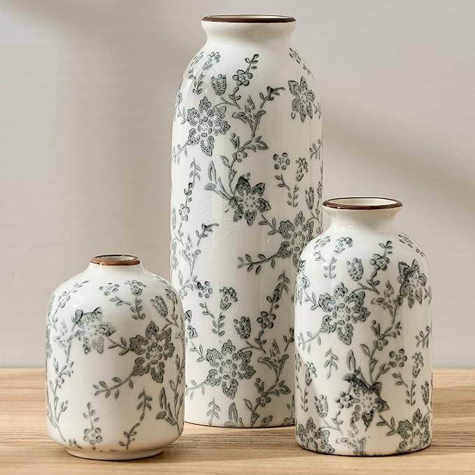 Ceramic Flower Decorative Antique Vase Set of 3, Vintage Rustic Chinoiserie Floral Vase for Home ... | Amazon (US)