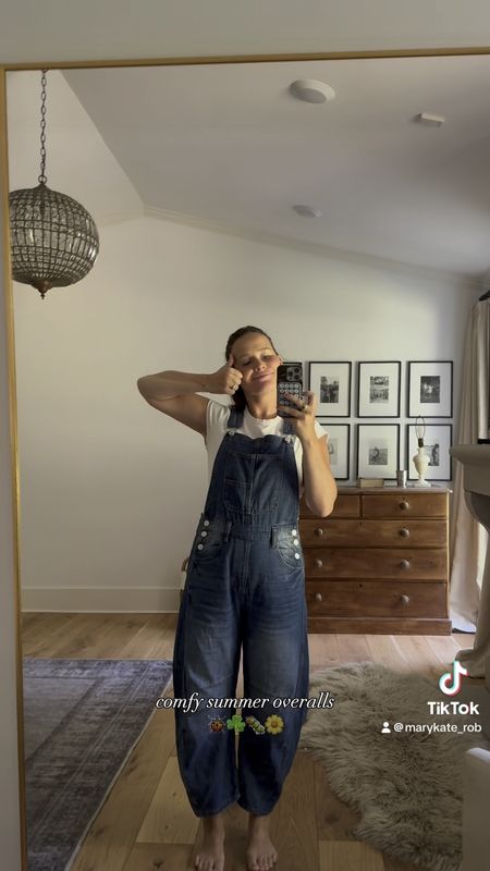 Fun comfy overalls!! Amazon barrel leg ones that are so fun and comfy. Wearing size small and they’re tts! For a casual day at home, I wore this comfy little cap sleeved tee from Walmart :)
