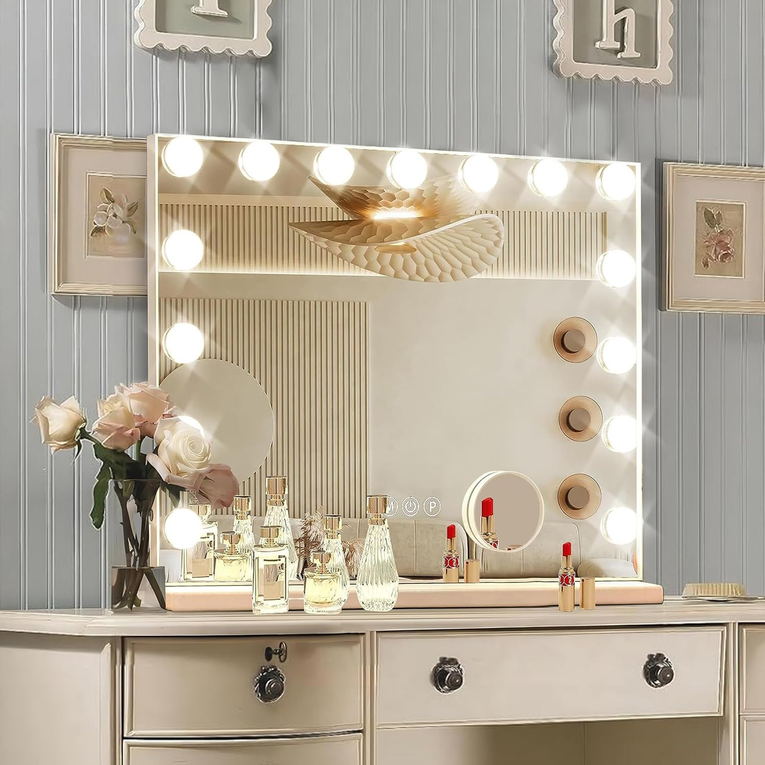 Hollywood Vanity Mirror with Lights, 15 Dimmable Bulbs, 3 Color Lights,Make Up Lighted Mirror, Al... | Amazon (US)