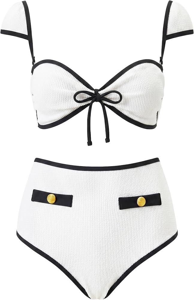 Womens High Waisted Bikini Sets Tummy Control Swimsuits Retro Color Block Bathing Suit Clasp Back... | Amazon (US)