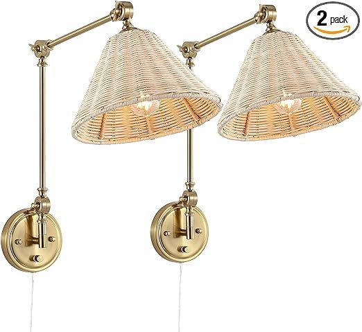 WINGBO Wall Sconce Rattan Wrapped Wall Lamp, Adjustable Swing Arm Wall Light Gold Vintage Bedside... | Amazon (US)