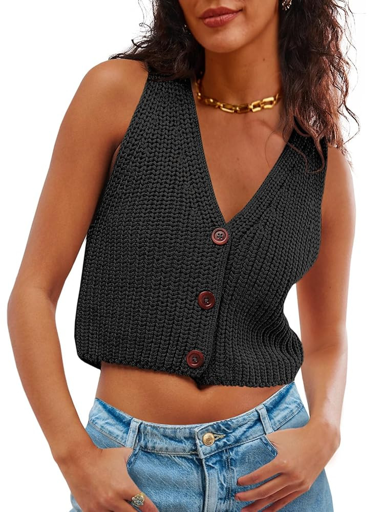 Saodimallsu Womens Cropped Sweater Vest V Neck Button Down Y2k Crop Knit Summer Trendy Sleeveless... | Amazon (US)