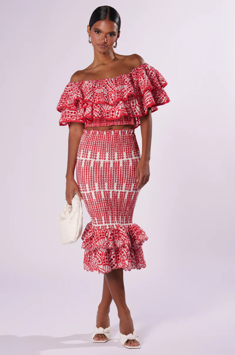 SUMMER LOVING RUFFLE TEXTURED MIDI SKIRT | AKIRA