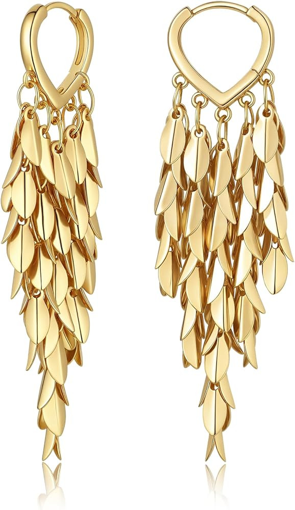 Sylph 14K 18K Gold Plated Chandelier Earrings for Women, Long Tassel Earring Huggie, Silver Leaf ... | Amazon (US)