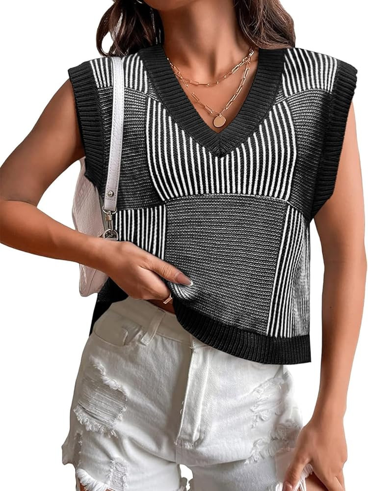 Saodimallsu Women's Sleeveless Knit Sweater Vest Striped V Neck Summer Tank Tops Trendy Pullover ... | Amazon (US)