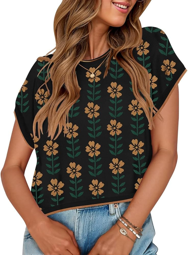 ZESICA Womens Floral Sweater Vest Summer Short Sleeve Crew Neck Cute Loose Knit Tops 2026 Trendy ... | Amazon (US)