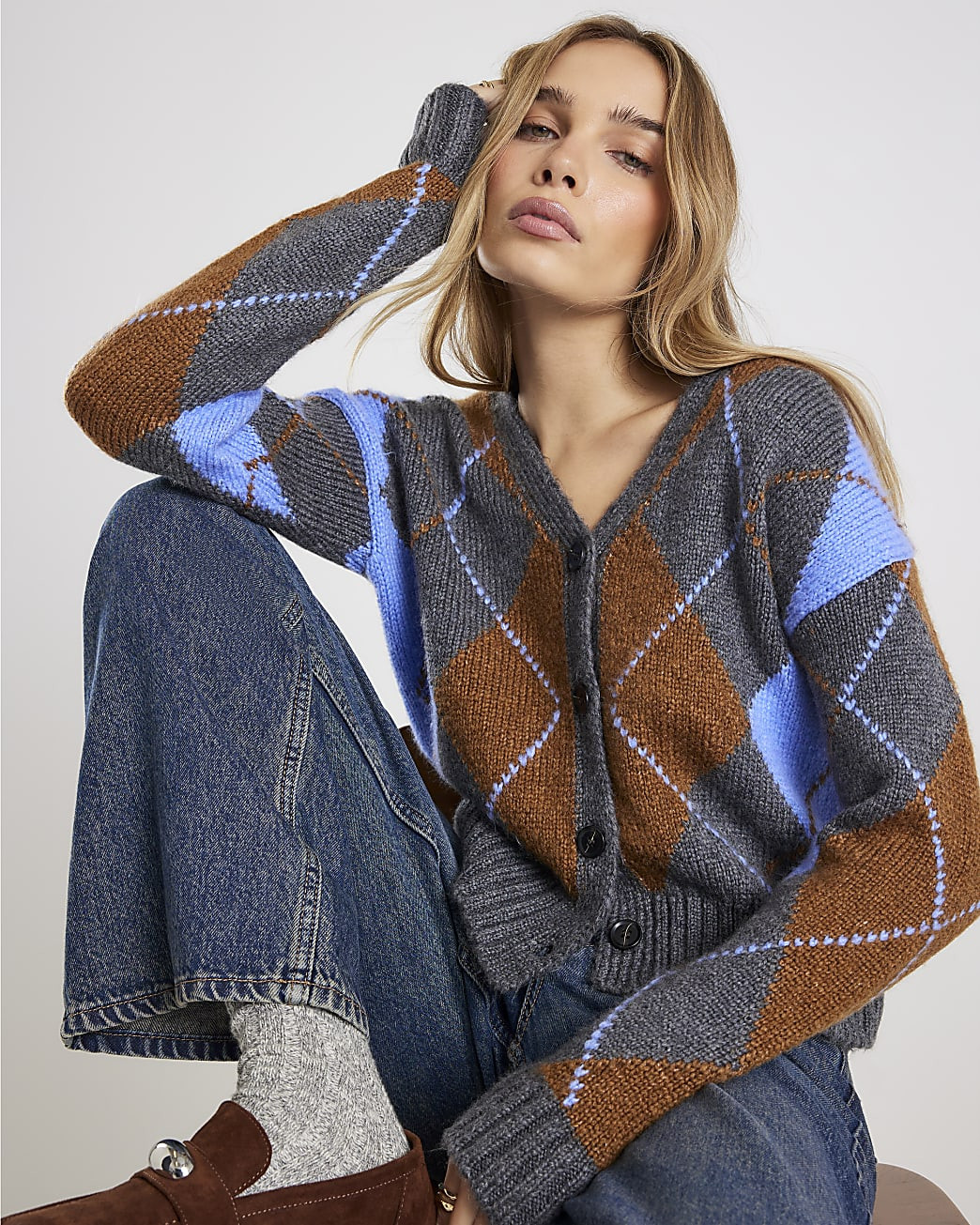 Grey Knitted V Neck Argyle Print Cardigan | River Island UK & IE