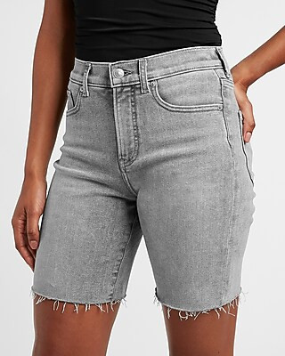 High Waisted Gray Raw Hem Bermuda Jean Shorts | Express