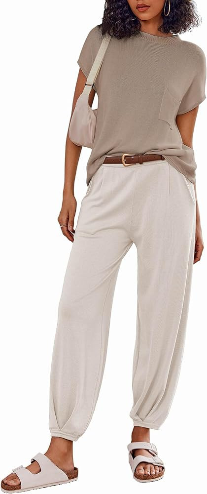 Ekouaer Women's 2 Piece Lounge Set Cap Sleeve Tops and Jogger Pants Knit Pajama Sweatsuit S-XXL | Amazon (US)