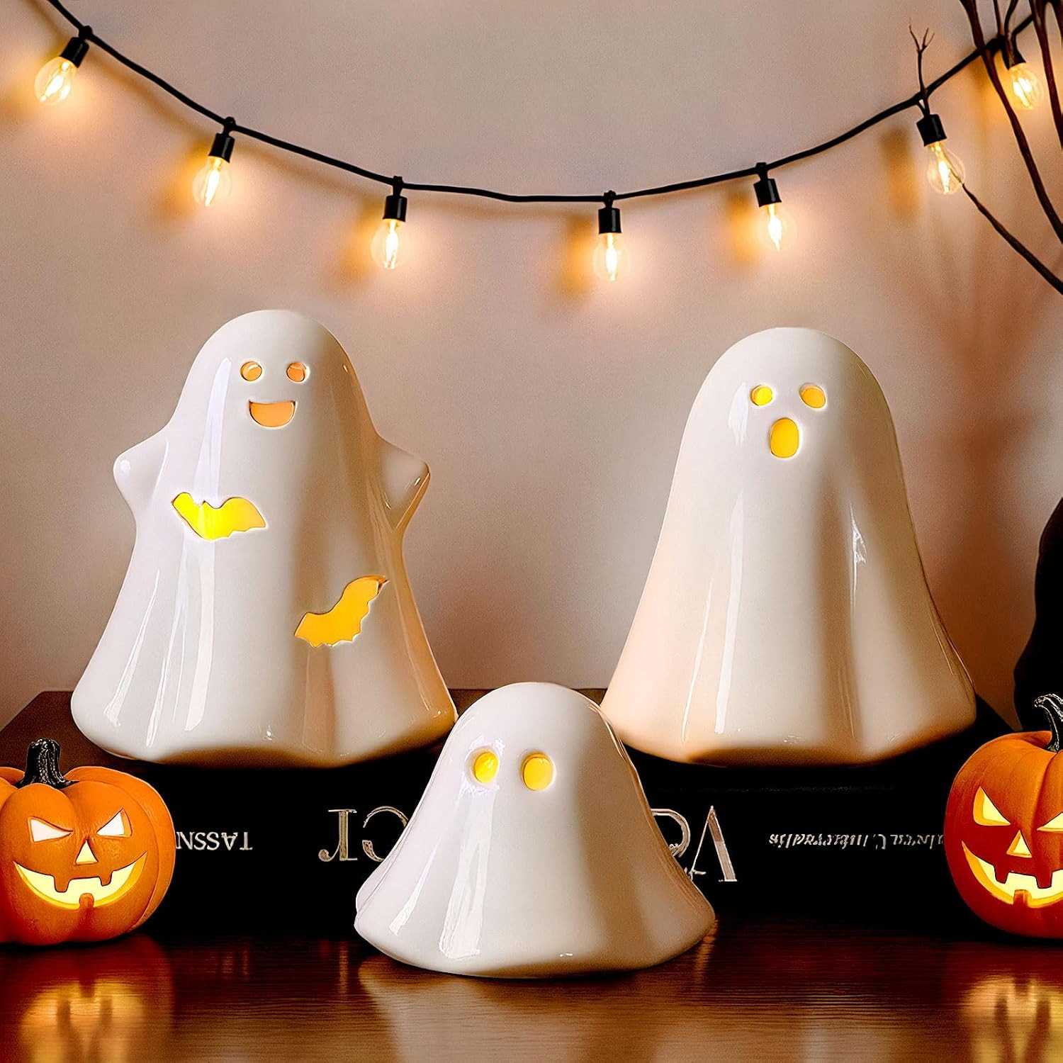 Pawliss Ceramic Ghost Halloween Decorations Indoor: 3PC White Light Up Ghost Figurine, Halloween Décor LED Ceramic Ghosts Tabletop Decoration for Family Kids Friendly Trick or Treat Party Supplies | Amazon (US)