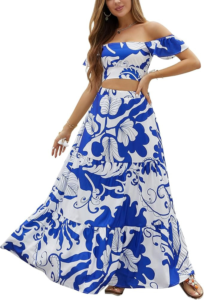 Fashionme 2-Piece Women Floral Maxi Dress Square Neck Summer Vacation Beach(Crop Tank Top+ Floor ... | Amazon (US)