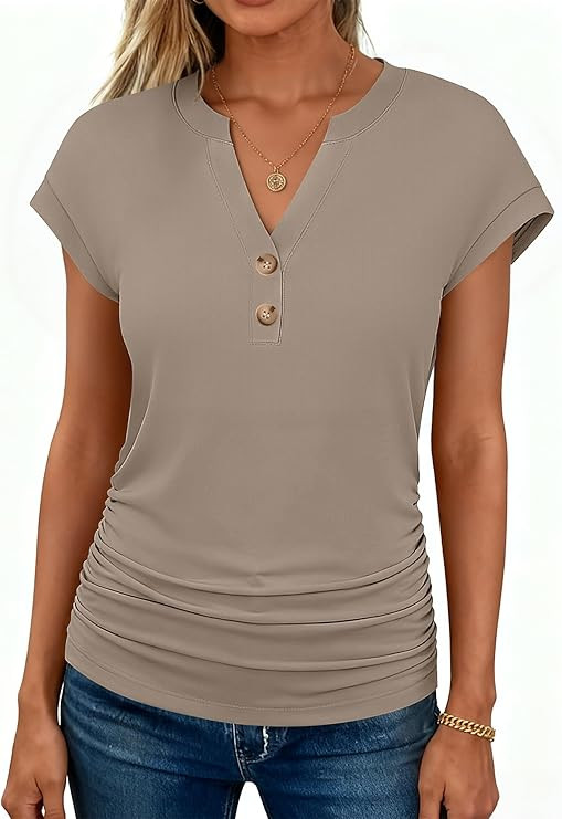 ANRABESS Womens Cap Sleeve Henley Tops V Neck Ruched Side T-Shirts 2026 Summer Dressy Casual Blou... | Amazon (US)