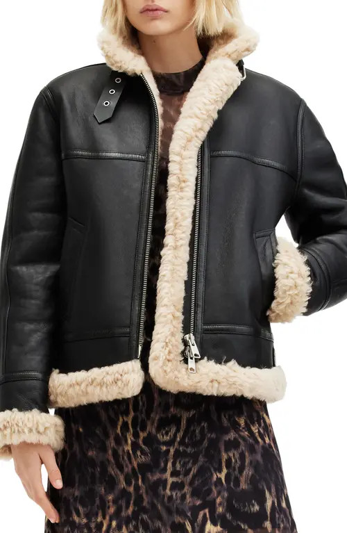 AllSaints Lorel Leather & Genuine Shearling Flying Jacket in Black at Nordstrom, Size Small | Nordstrom