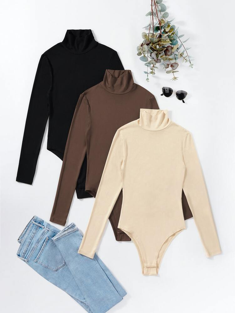3pcs High Neck Solid Bodysuit | SHEIN
