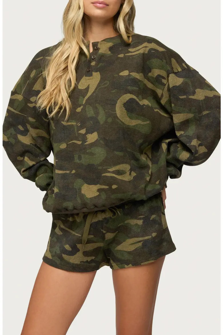 EDIKTED Baila Camo Waffle Knit Henley in Mix at Nordstrom, Size Large | Nordstrom