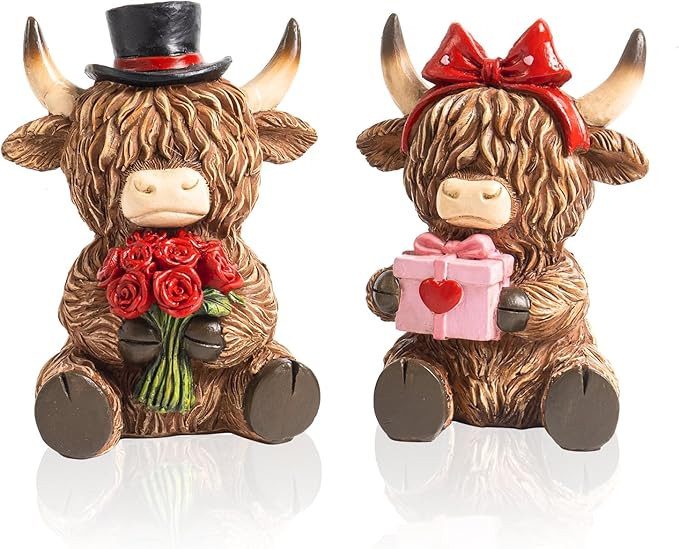 2 Pcs Highland Cow Valentine Decor, Cute Resin Valentine's Day Figurines Table Top Indoor Tiered ... | Amazon (US)