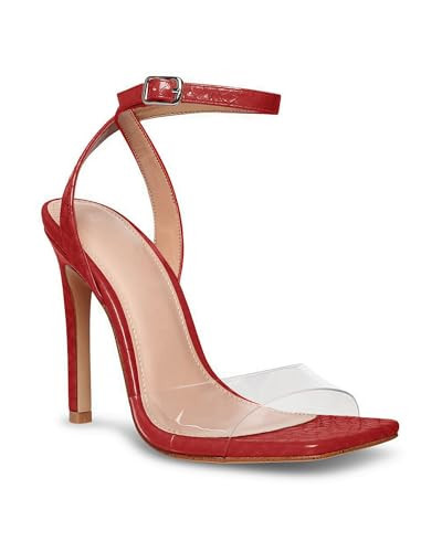 Coutgo Womens Clear Heels Sandals Square Toe Ankle Strap Sexy High Heeled Stiletto Dress Shoes, Red, Size 8.5 | Amazon (US)