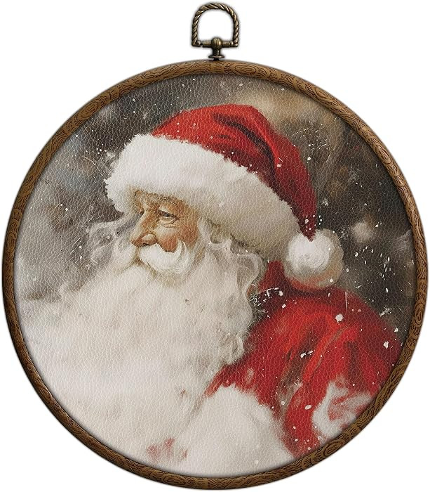 Vintage Christmas Round Wall Art, Santa Pictures for Wall Framed, Retro Santa Claus Waterproof Ro... | Amazon (US)