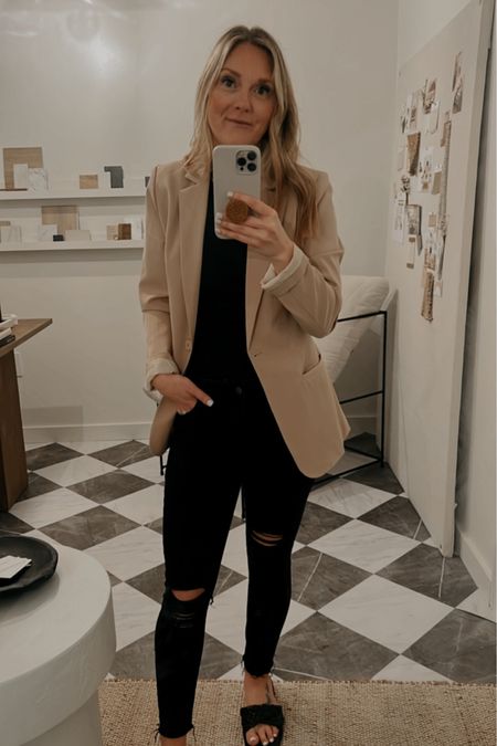 Business casual - day of meetings - office outfit

nude blazer. Camel blazer. Denim. Mom Jean. Black ribbed tank. Target. Amazon style. Founditonamazon. Amazon fashion. 

#LTKworkwear #LTKsalealert #LTKunder50