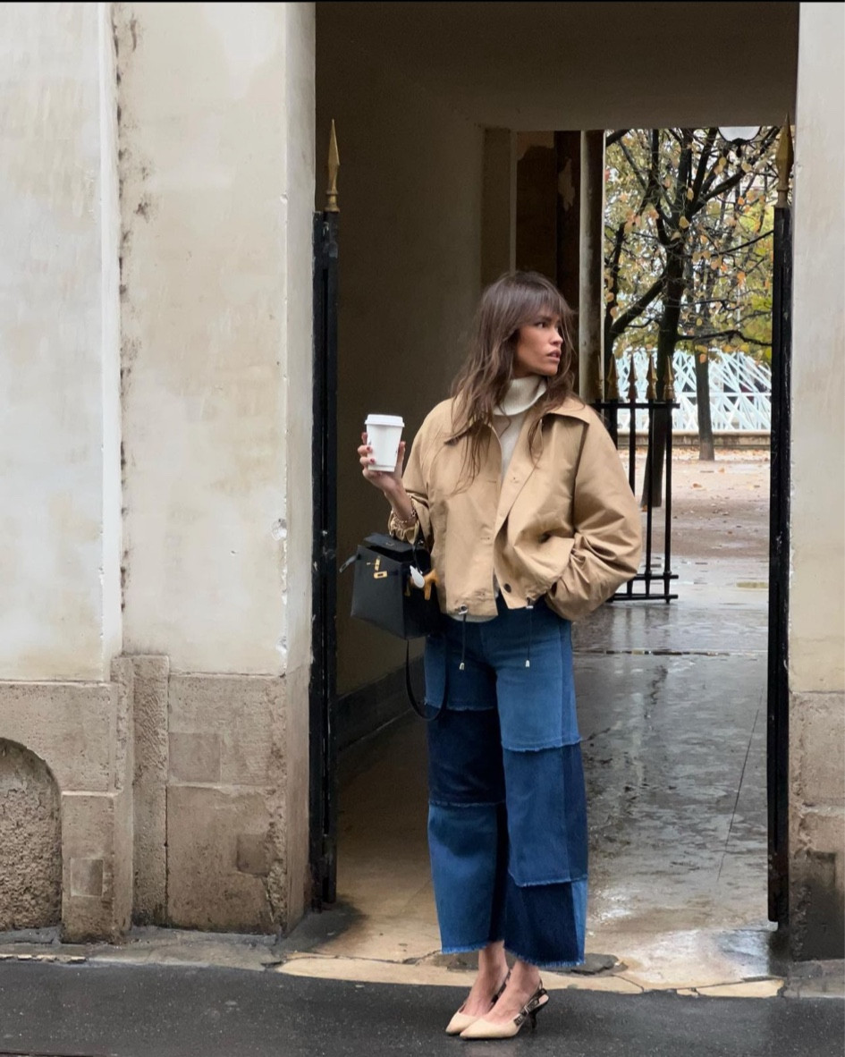 Jeans en patchwork, jeans bleus court en patchwork, trench court, manteau trench court beige 

#LTKstyletip