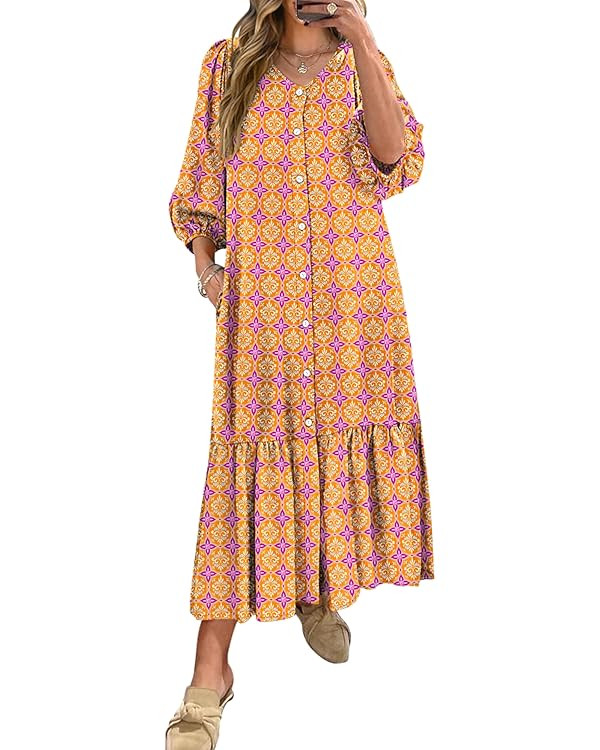 ANRABESS Boho Maxi Dresses for Women Summer Puff Sleeve V Neck Flowy Long Casual Dress with Pocke... | Amazon (US)