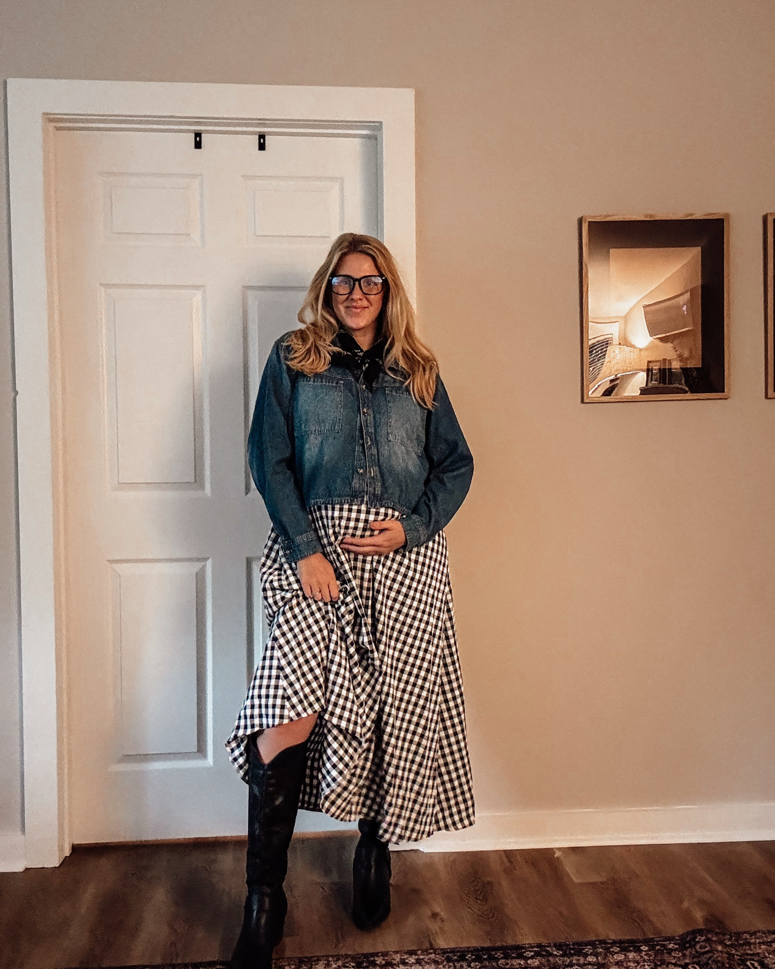 Denim, gingham, and tall black boots—the ultimate fall uniform. 🤠✨ Bump friendly and cozy for whatever today brings!

#LTKootd #LTKmomlife #LTKSeasonal